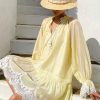 French Tencel Linen Dress Long Puff Sleeve V-Neck Midi Loose