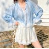 Elegant Tencel Long Sleeve V-neck Lace Splicing Tie Floral Shirt