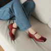 Handmade Square Toe Buckle Leather Block Heel Women Mary Janes Shoes