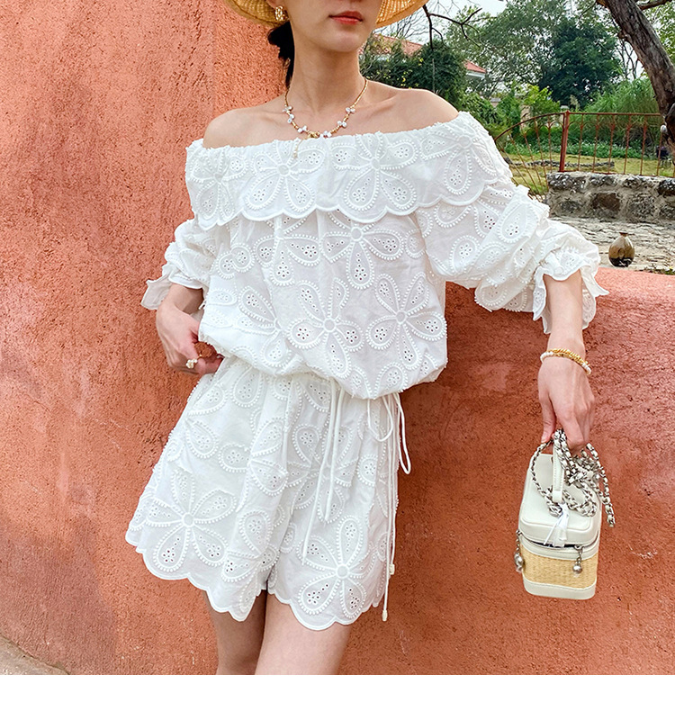 Women's French Boat Neck 3/4 Sleeve Embroidered Floral Cotton Top