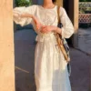 Women's Cotton Floral Embroidery Lace Ruffle Puff 3/4 Sleeve Top Skirt Set