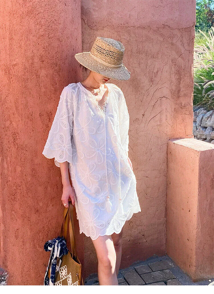 Cotton Embroidered Eyelet Tassel Loose Midi Dress 3/4 Sleeve Boho