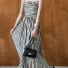 French Style Crinkled Striped Cotton Blend Spaghetti Strap Maxi Dress