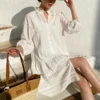 French Riviera Breathable Pure Cotton Broderie Anglaise Mini Shirt Dress
