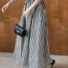 French Style Crinkled Striped Cotton Blend Spaghetti Strap Maxi Dress