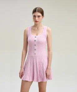 Square Neck Sleeveless Pleated Knit Dress High Waist A-Line Skin-Friendly Cooling