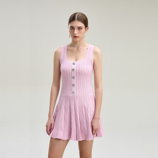 Square Neck Sleeveless Pleated Knit Dress High Waist A-Line Skin-Friendly Cooling