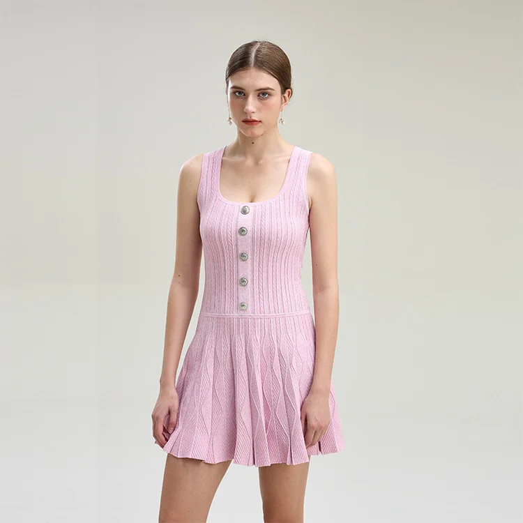 Square Neck Sleeveless Pleated Knit Dress High Waist A-Line Skin-Friendly Cooling