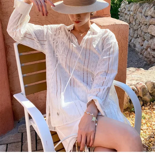 French Riviera Cotton Broderie Anglaise Long Sleeve Shirt