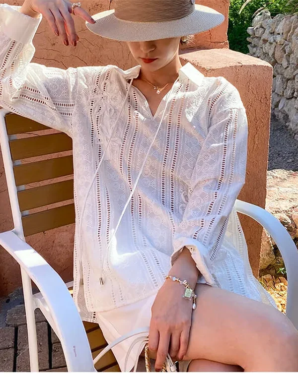 French Riviera Cotton Broderie Anglaise Long Sleeve Shirt