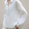 Minimalist Breathable Linen Loose Long Sleeve Polo Blouse