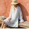 French Tencel Linen Dress Long Puff Sleeve V-Neck Midi Loose