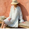 French Tencel Linen Dress Long Puff Sleeve V-Neck Midi Loose