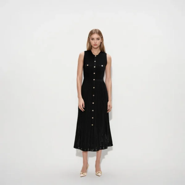Elegant Sleeveless Knit Midi Dress Cut Out Button High Waist