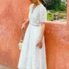 French Riviera Broderie Anglaise Cotton Puff Sleeve Midi Dress
