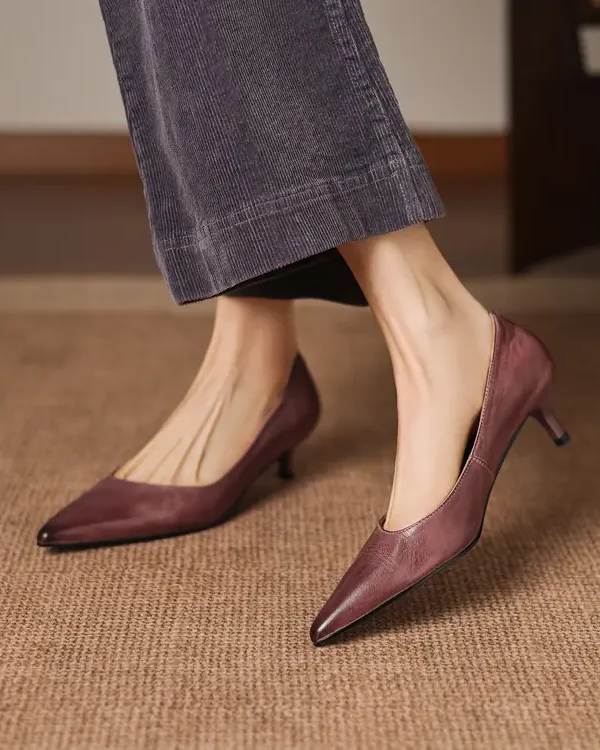 Women's Pointed Toe Kitten Heel Genuine Leather Slip On Pumps Daily Shoes