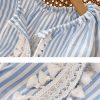 Women's Resort Striped Linen Mix Short Sleeve Loose V Neck Shirt Lace Tassel