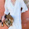 Cotton Embroidered Eyelet Tassel Loose Midi Dress 3/4 Sleeve Boho