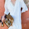 Cotton Embroidered Eyelet Tassel Loose Midi Dress 3/4 Sleeve Boho