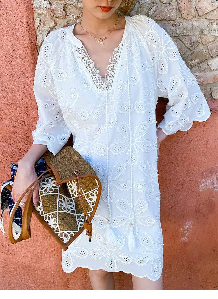 Cotton Embroidered Eyelet Tassel Loose Midi Dress 3/4 Sleeve Boho