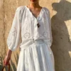 Bohemian Cotton Embroidered Floral V-neck 3/4 Hollow Out Top Midi Skirt
