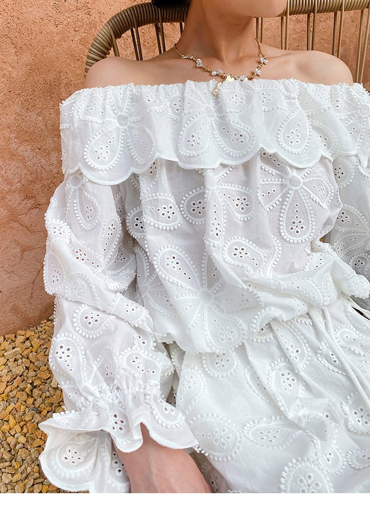 Women's French Boat Neck 3/4 Sleeve Embroidered Floral Cotton Top