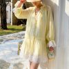 French Tencel Linen Dress Long Puff Sleeve V-Neck Midi Loose