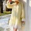 French Tencel Linen Dress Long Puff Sleeve V-Neck Midi Loose