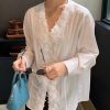 French Women's Long Sleeve V-Neck Solid Shirt Lace Patchwork Linen Tencel