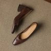 Women's Leather Block Heel Square Toe SlipOn Vintage Pumps Classic Dress Shoes