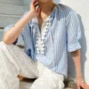 Women's Resort Striped Linen Mix Short Sleeve Loose V Neck Shirt Lace Tassel