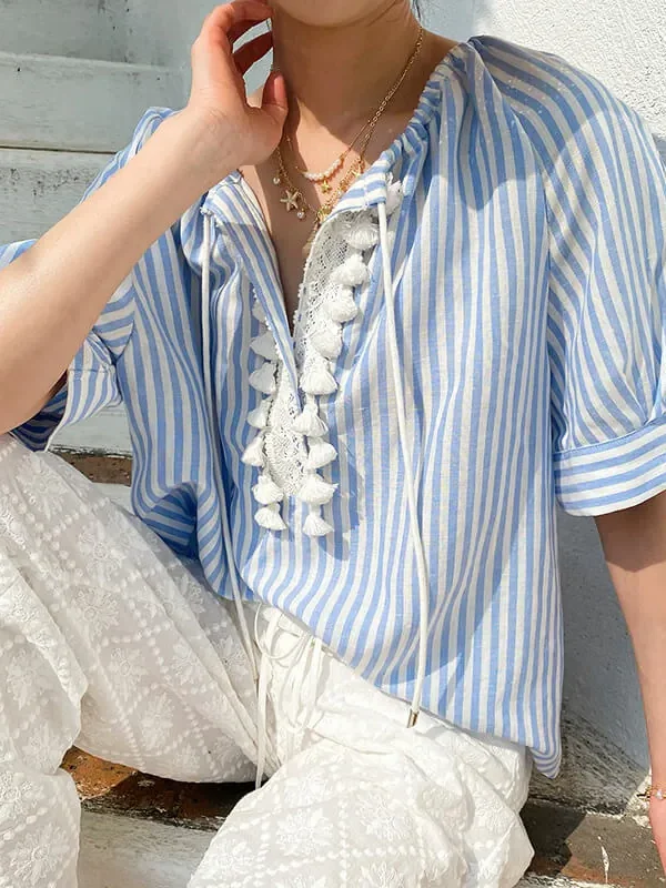Women's Resort Striped Linen Mix Short Sleeve Loose V Neck Shirt Lace Tassel