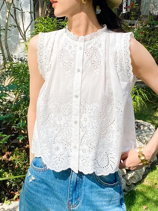 French Riviera Breathable Broderie Anglaise Cotton Sleeveless Blouse