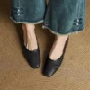 Women's Square Toe Perforated Block Heel Shoes Sheepskin Sandal