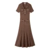 Dark Brown Collared Short Sleeve Knit Midi Dress Elegant Work Casual
