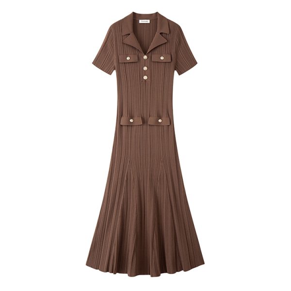 Dark Brown Collared Short Sleeve Knit Midi Dress Elegant Work Casual