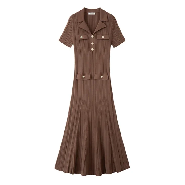 Dark Brown Collared Short Sleeve Knit Midi Dress Elegant Work Casual