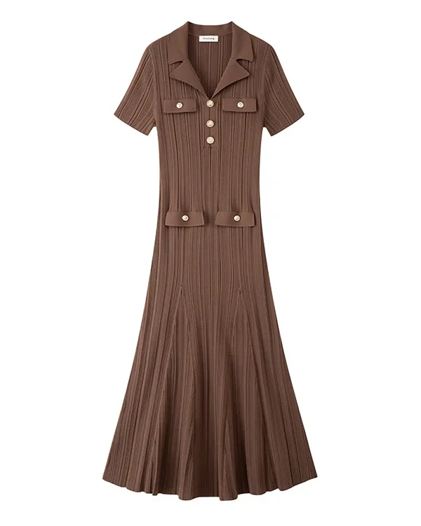 Dark Brown Collared Short Sleeve Knit Midi Dress Elegant Work Casual