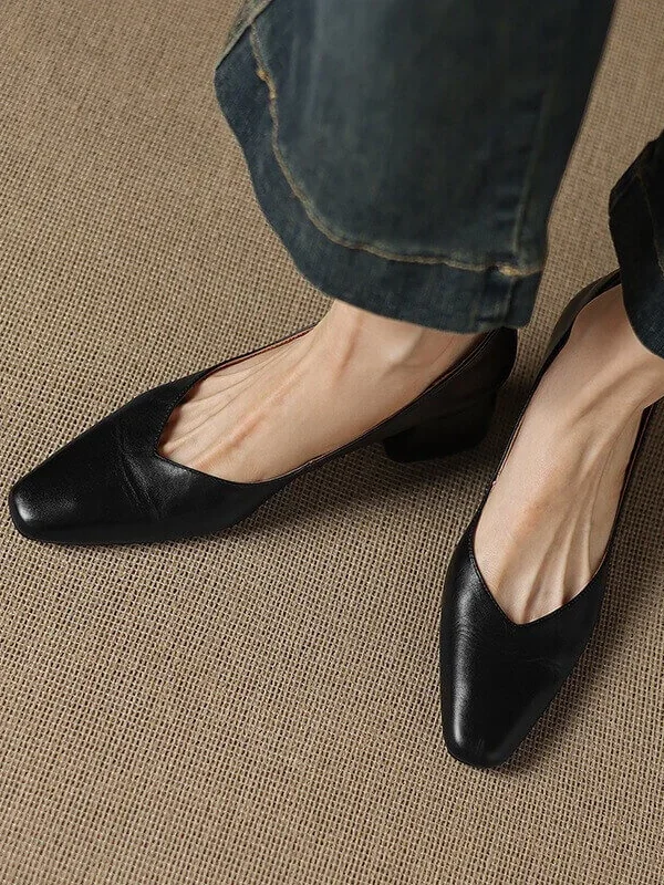 Women's Leather Block Heel Square Toe SlipOn Vintage Pumps Classic Dress Shoes