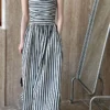 French Style Crinkled Striped Cotton Blend Spaghetti Strap Maxi Dress