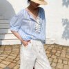 Women's Resort Striped Linen Mix Short Sleeve Loose V Neck Shirt Lace Tassel