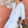 Cotton Embroidered Eyelet Tassel Loose Midi Dress 3/4 Sleeve Boho
