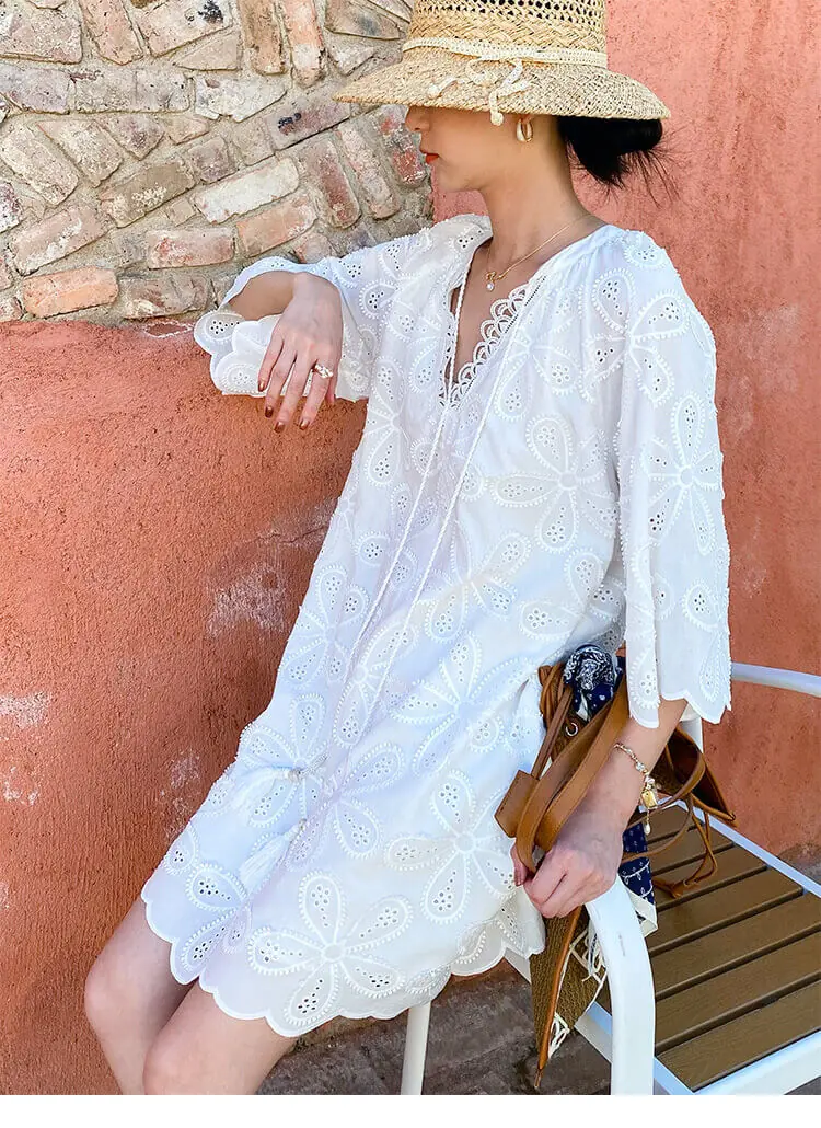 Cotton Embroidered Eyelet Tassel Loose Midi Dress 3/4 Sleeve Boho