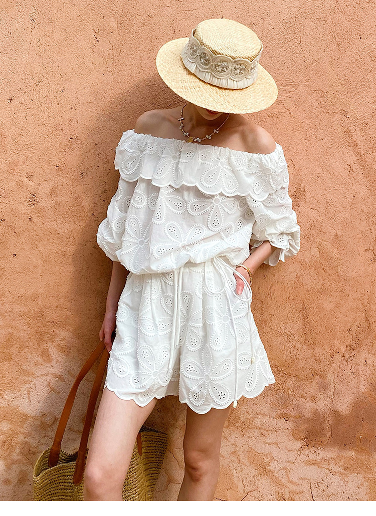 Women's French Boat Neck 3/4 Sleeve Embroidered Floral Cotton Top