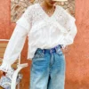 French White Cotton Blouse Long Sleeve V Neck Embroidery Lace Ruffle