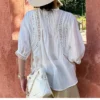 French Riviera Breathable Lyocell Broderie Anglaise Puff Sleeve Blouse