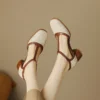 Women's French Retro Cowhide T-Strap Sandals Square Toe Medium Thick Heel