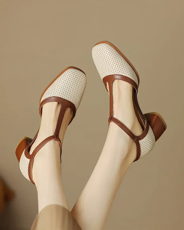 Women's French Retro Cowhide T-Strap Sandals Square Toe Medium Thick Heel