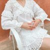 French White Cotton Blouse Long Sleeve V Neck Embroidery Lace Ruffle