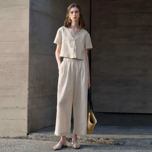 French Riviera Breathable Linen V Neck Cropped Short Sleeve Blouse